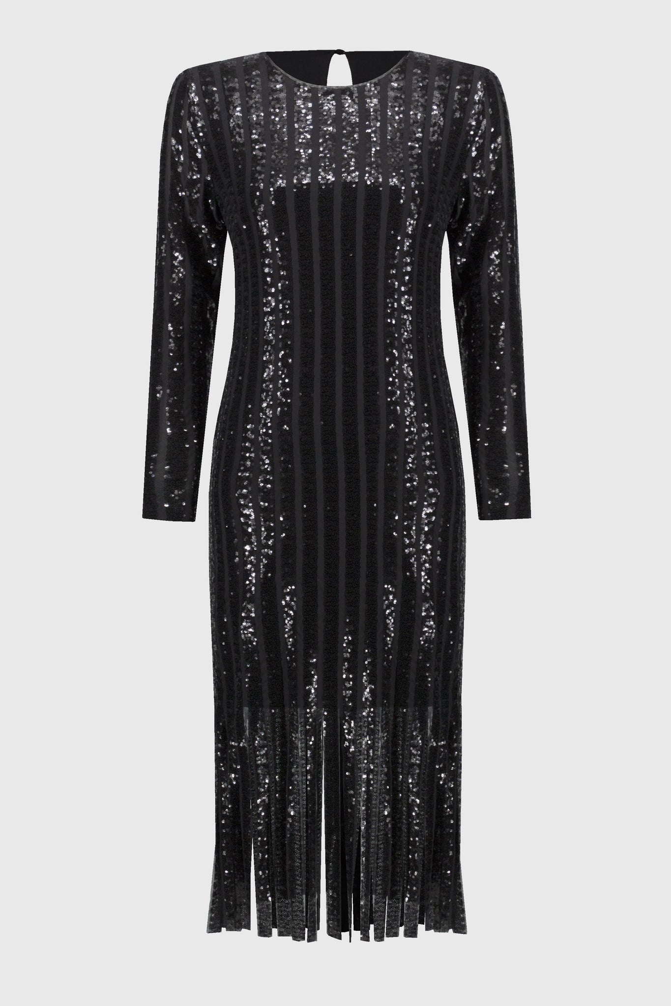 Sequined Midi Dress with Fringe Hemline