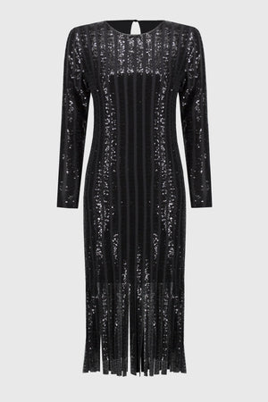 Sequined Midi Dress with Fringe Hemline