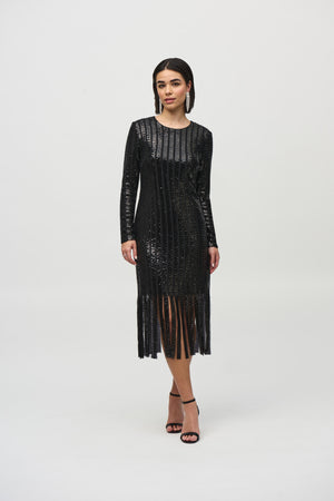 Sequined Midi Dress with Fringe Hemline