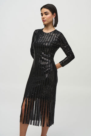 Sequined Midi Dress with Fringe Hemline