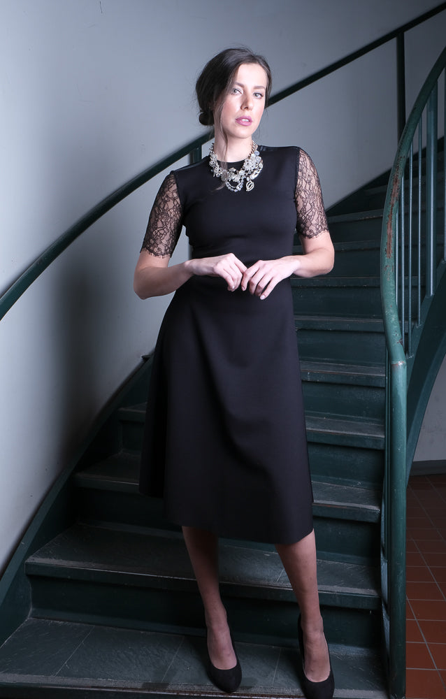 Black Dress With Lace Sleeves by Aragon Couture