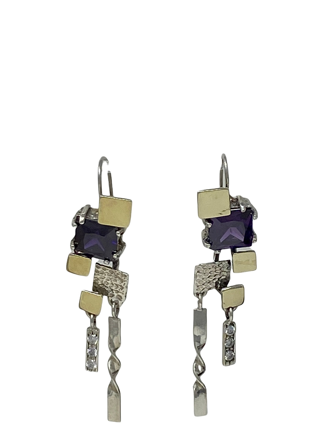 Drop Earrings with Amethyst CZ and Hammered Sterling Silver