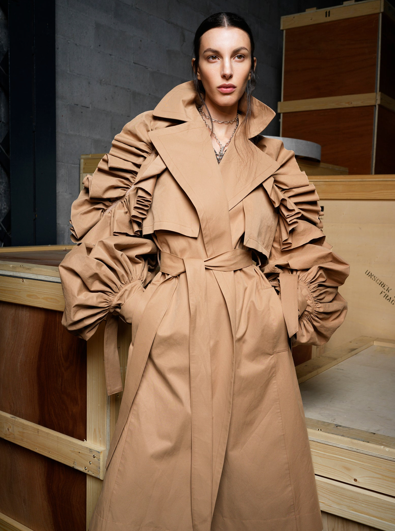 Ruffled 2025 trench coat